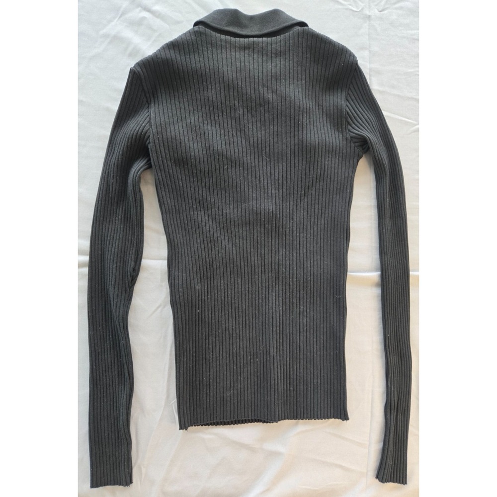 Zara Ribbed Collared Sweater V-Neck Cotton Front Fake Pockets Black Quiet Luxury - Picture 2 of 16